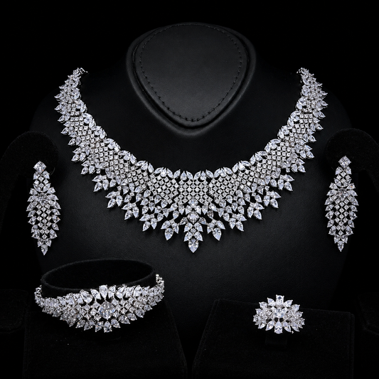 Durre White Luxury Bridal Full Set with High-Quality Simulated Diamonds, Rhodium Plated