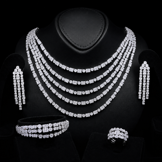 Durre Abby White Layered Luxury Bridal Full Set in High Quality Rhodium Plated Zircon Stones