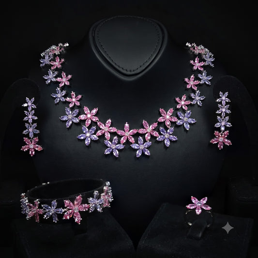Durre Yusra Pink & Purple Bridal Jewelry Set with Premium Simulated Diamonds