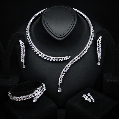 Durre Catalina White Cascading Leaf Bridal Jewelry Set with Premium Zircon Stones & Rhodium Finish