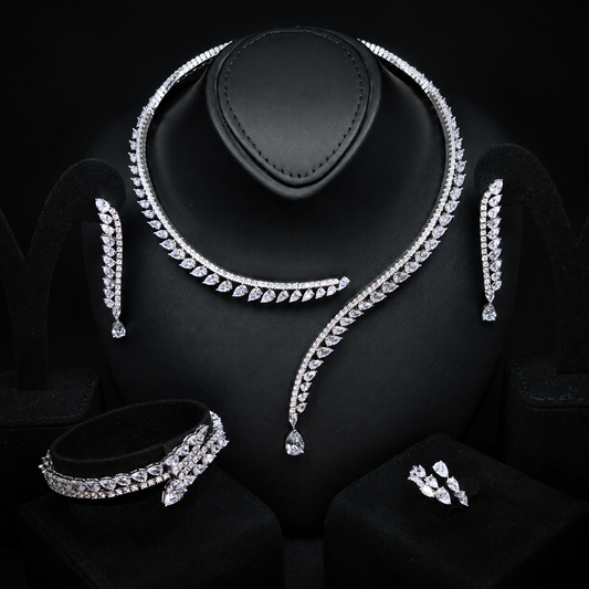 Durre Catalina White Cascading Leaf Bridal Jewelry Set with Premium Zircon Stones & Rhodium Finish