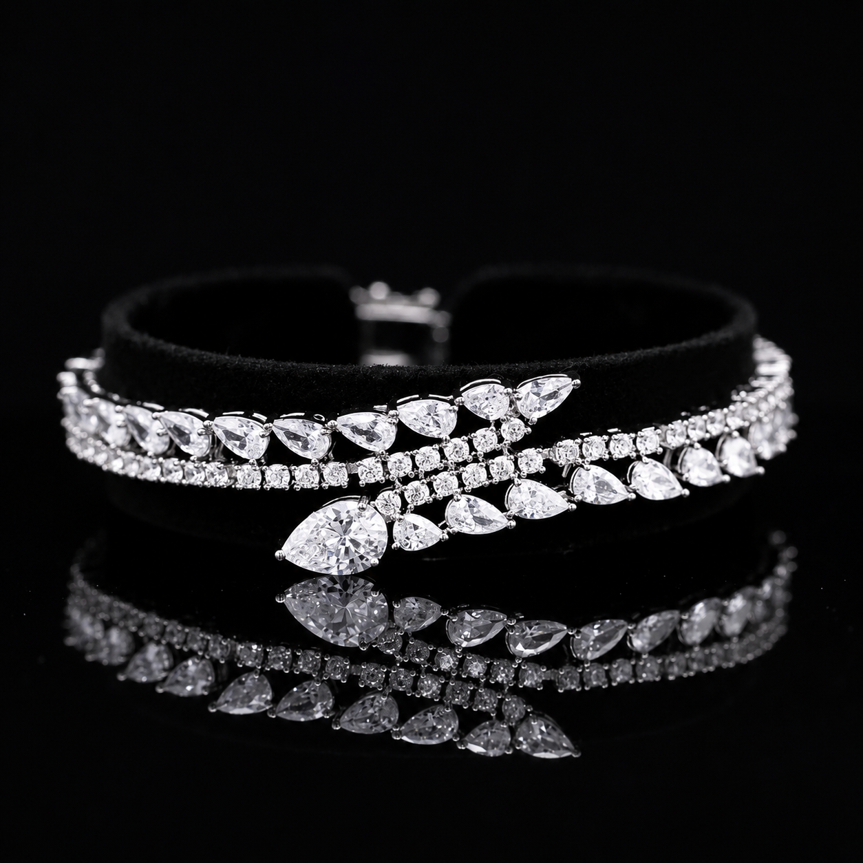 Durre Catalina White Cascading Leaf Bridal Jewelry Set with Premium Zircon Stones & Rhodium Finish
